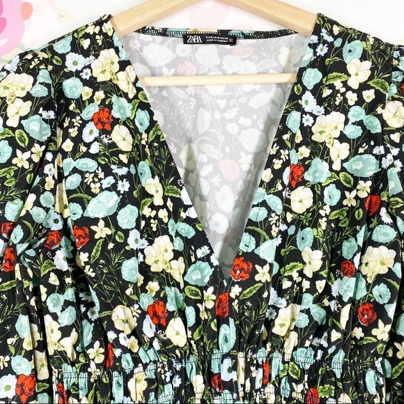 ZARA Blouse S Floral Cottagecore Peplum Long Puff Sleeves - Picture 2 of 11